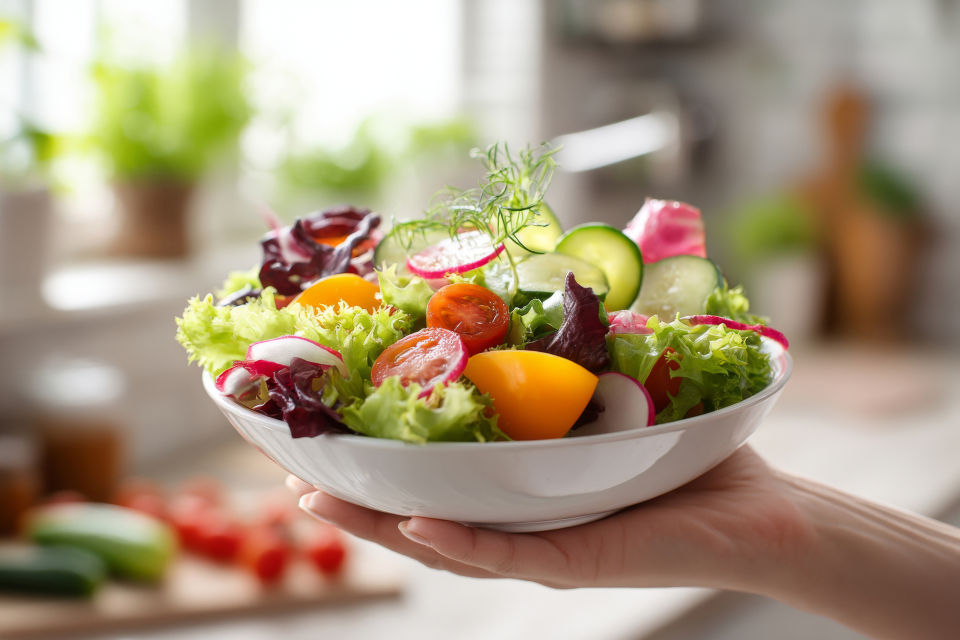 Fresh healthy vegetable salad in bowl with kitchen in background PET/CT scan